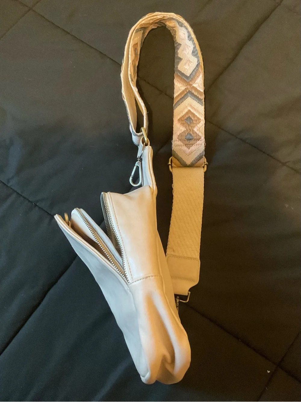 Beige Faux Leather Sling Backpack Crossbody Bag Boho Strap Multi Pocket Purse